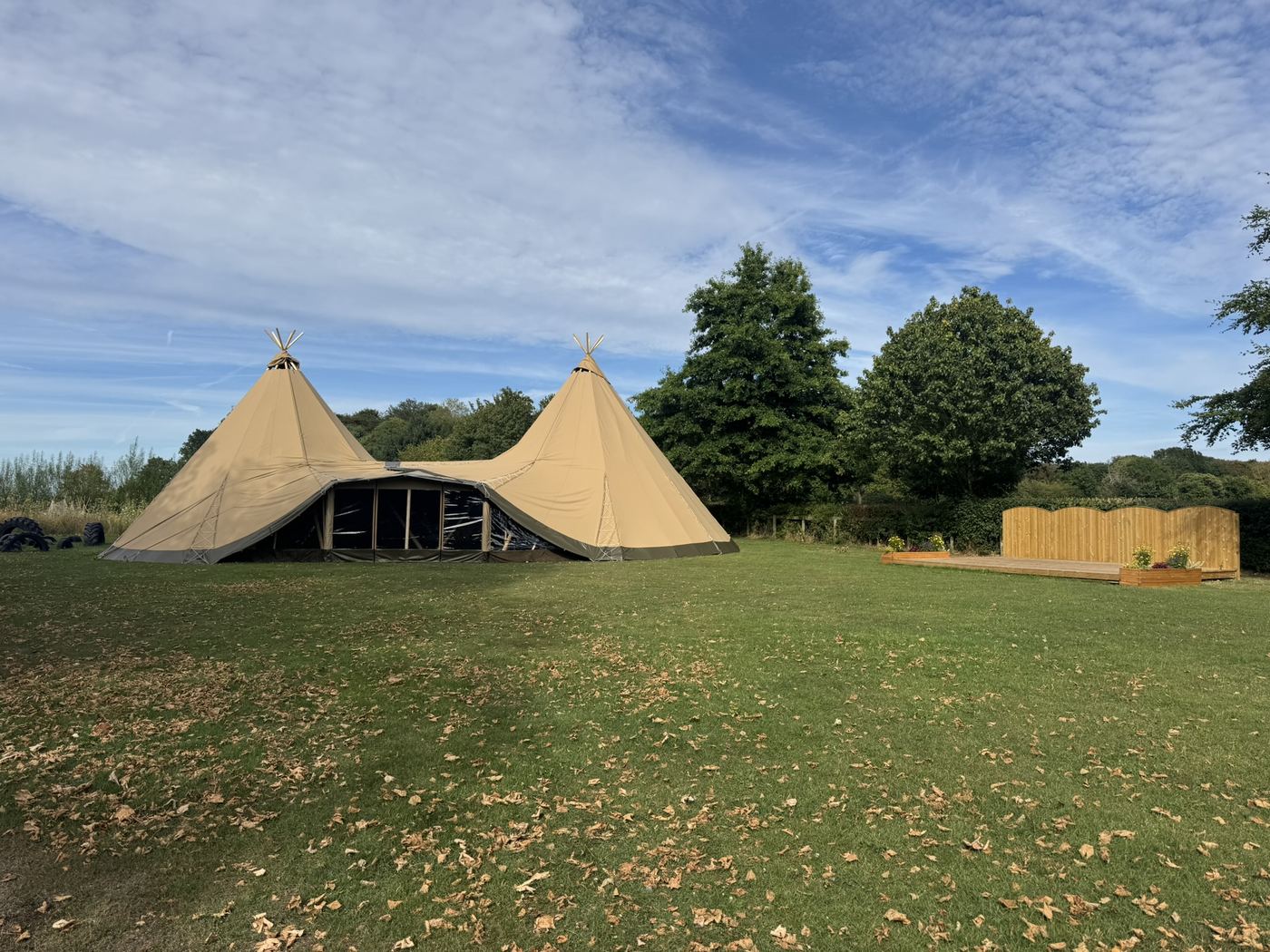 The linked twin Nordic tipi classroom installed in the same corner at Cransley School, an independent school in Cheshire